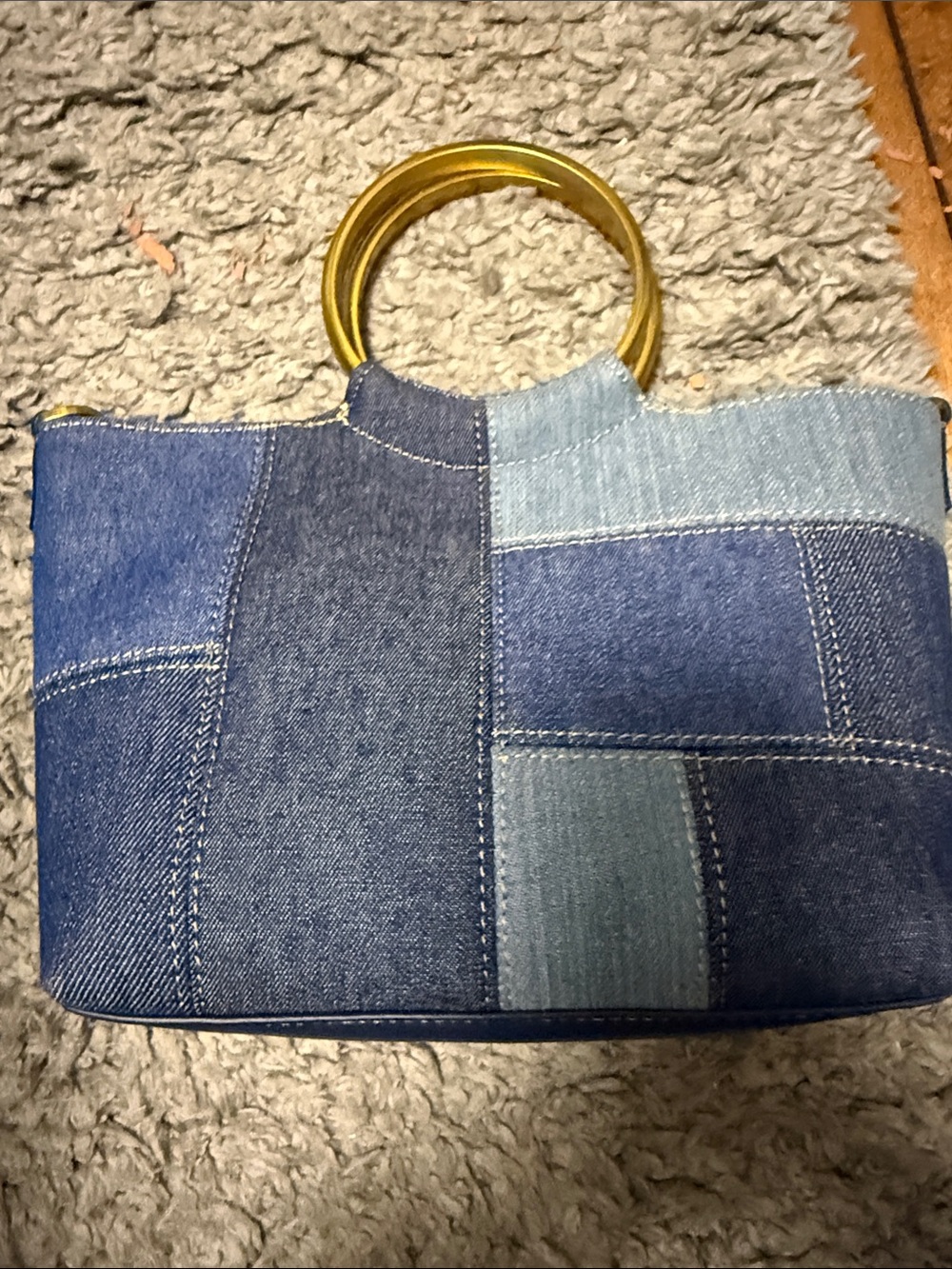 Zara Patchwork Denim Tote Bag with Gold Ring Handles